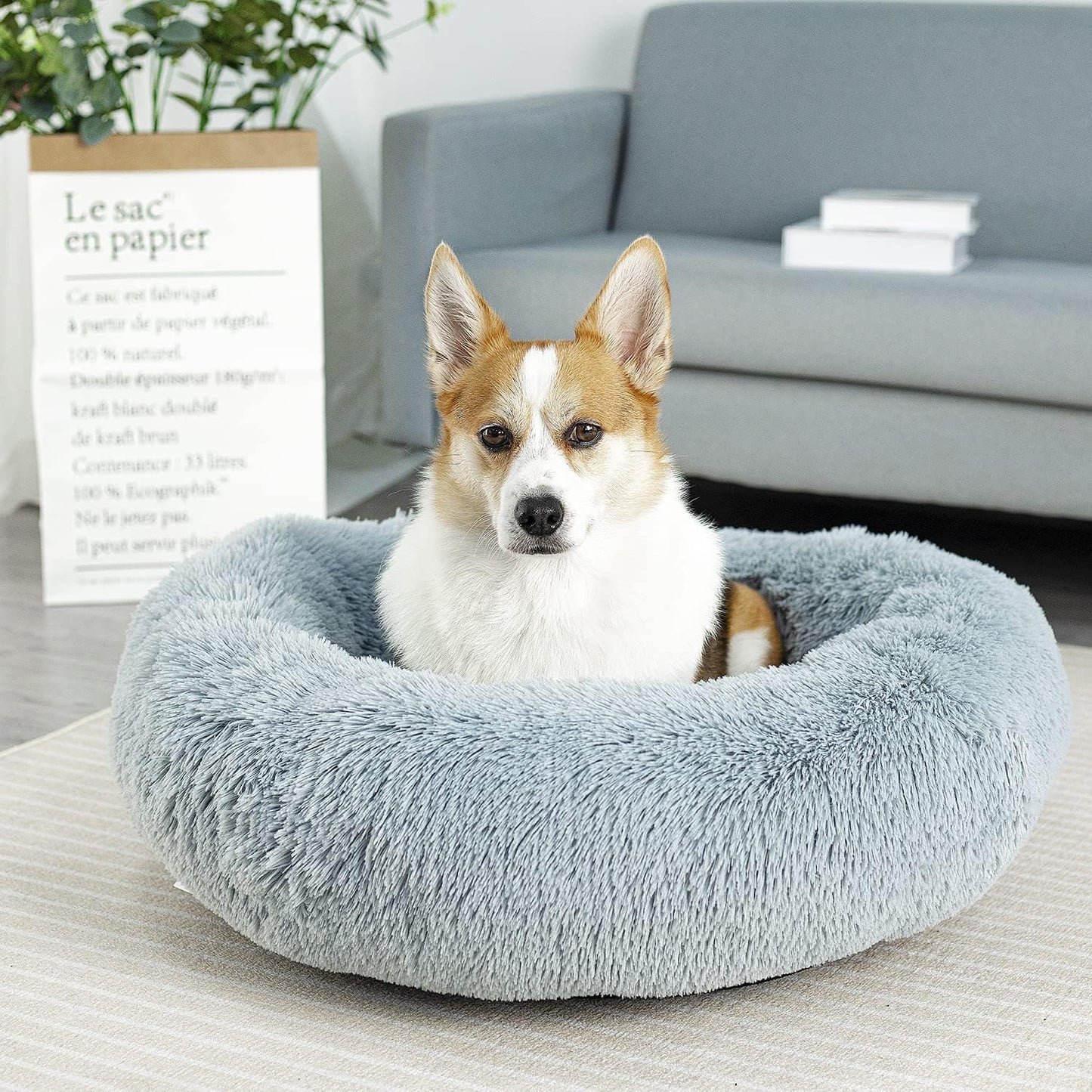 Anti-Anxiety Round Fluffy Plush Faux Fur Washable Pet Bed for Dogs and Cats, Ideal for Joint Relief and Improved Sleep (20", Light Grey)