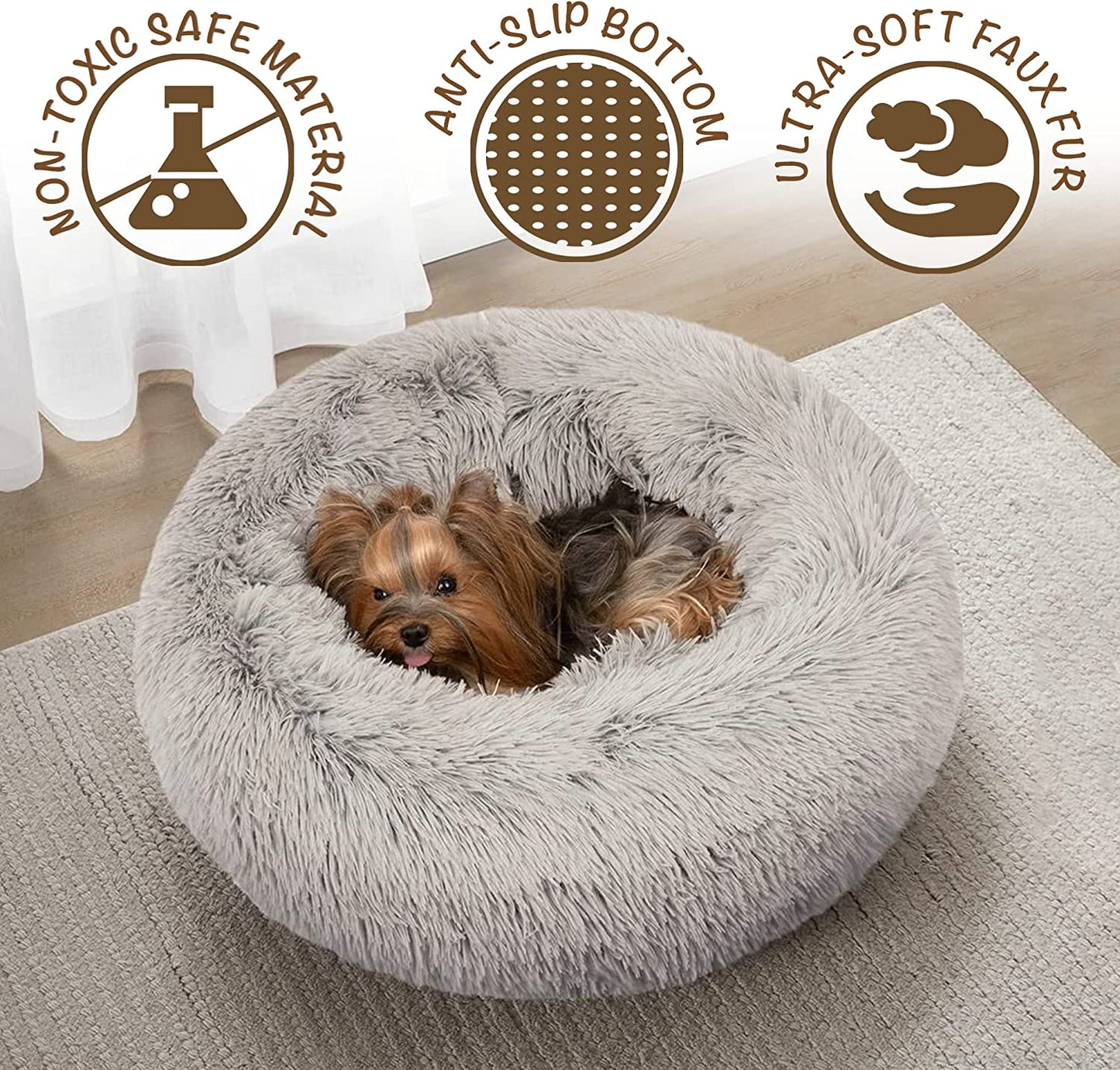 Large Dog Faux Fur Calming Sofa Bed - Soft & Plush Anti-Anxiety Pet Couch, Machine Washable with Non-Slip Bottom, 36"x36"x8", Grey