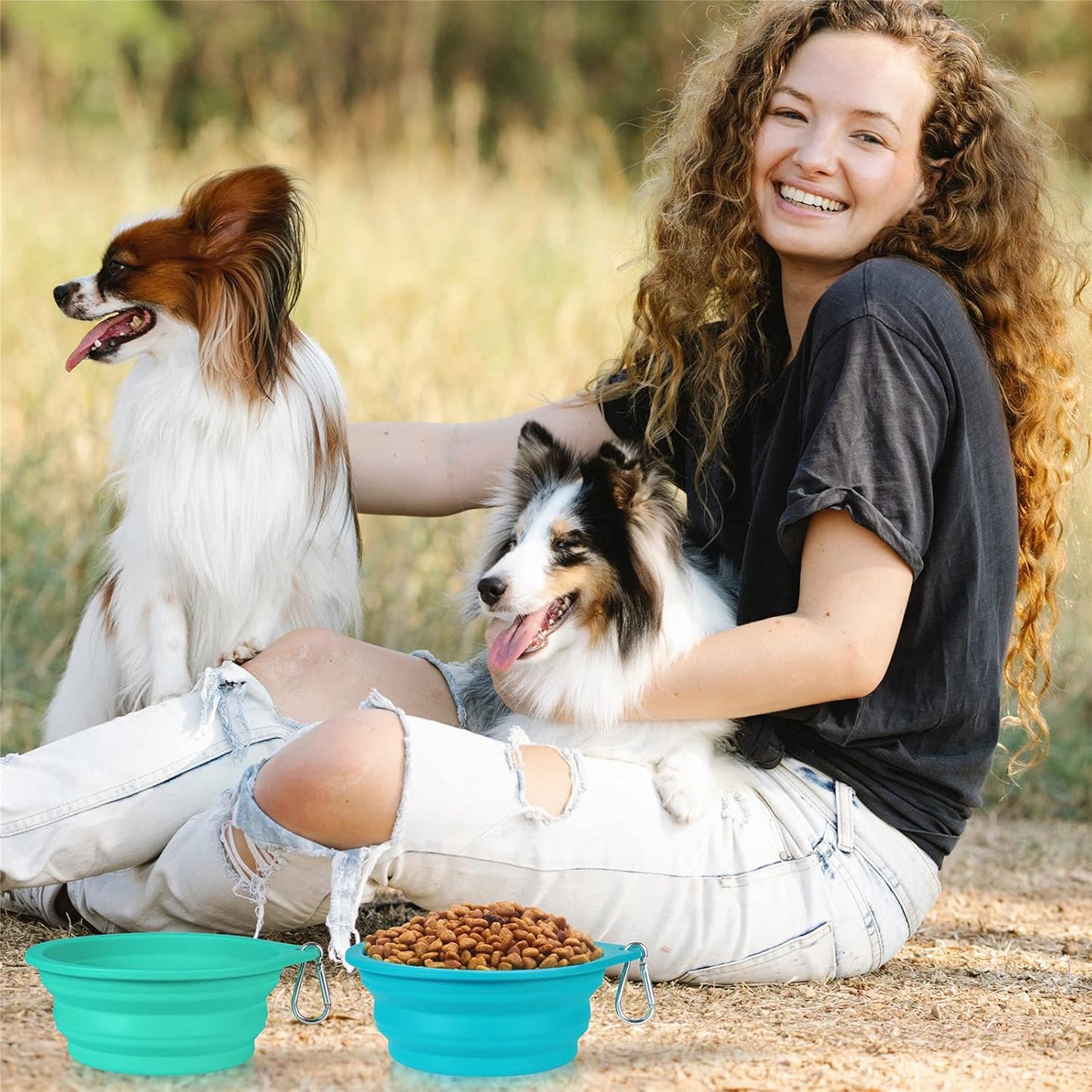 2-Pack Collapsible Dog Bowls, Integrated Molding Travel Bowls without Plastic Rim for Outdoor Use, 600ml (Light Blue + Light Green)