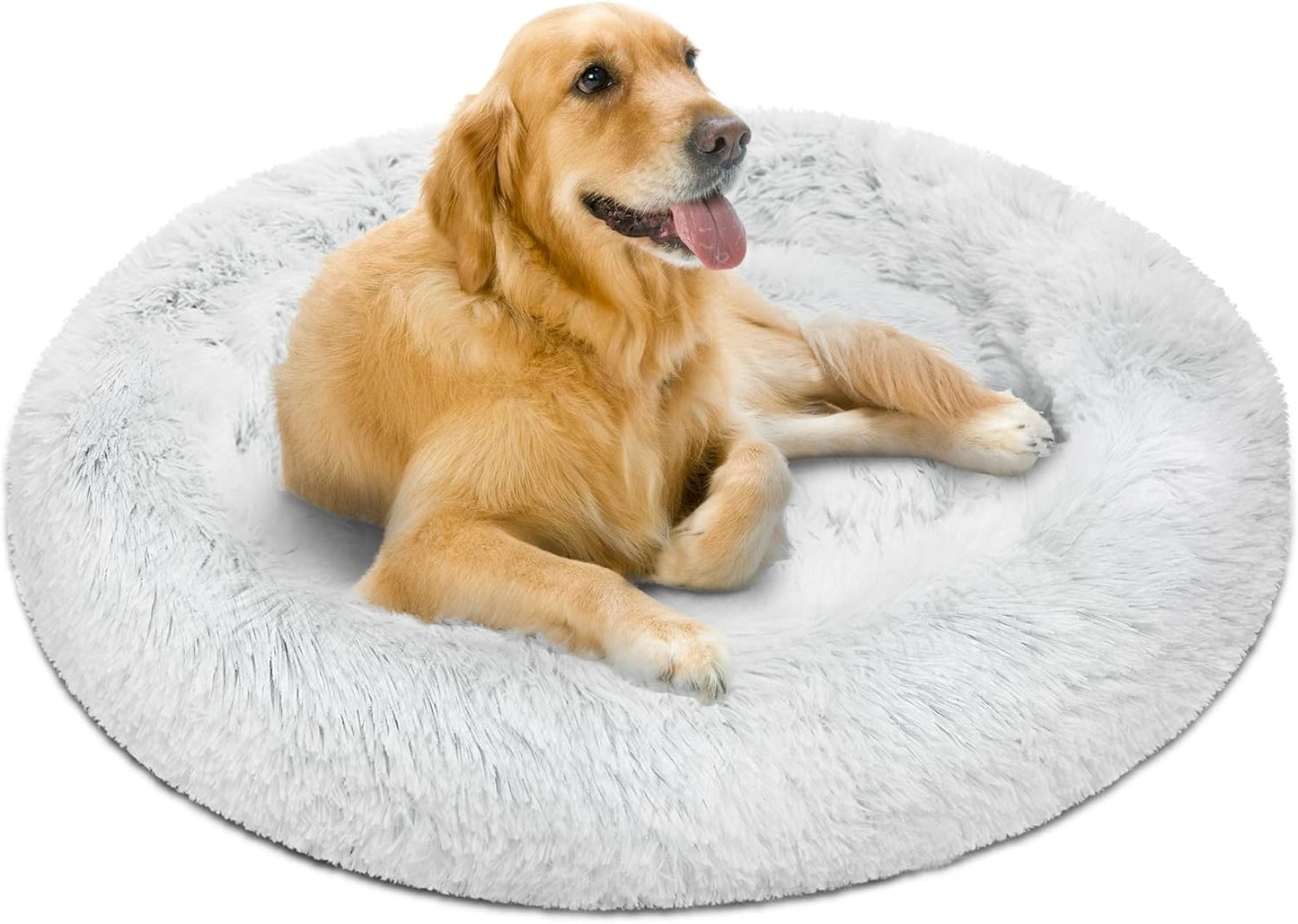 Large Dog Faux Fur Calming Sofa Bed - Soft & Plush Anti-Anxiety Pet Couch, Machine Washable with Non-Slip Bottom, 36"x36"x8", Ivory