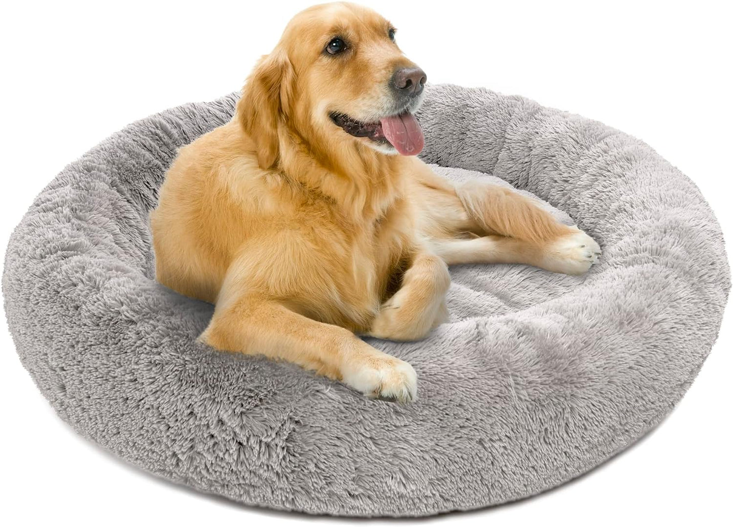 Large Dog Faux Fur Calming Sofa Bed - Soft & Plush Anti-Anxiety Pet Couch, Machine Washable with Non-Slip Bottom, 36"x36"x8", Grey