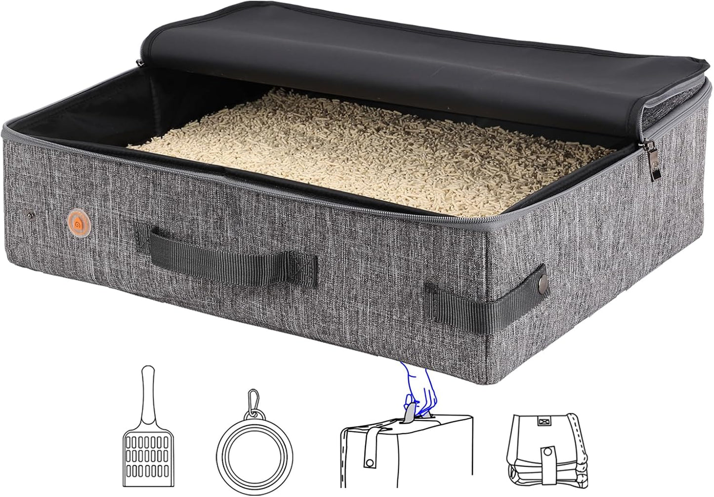 Portable Cat Travel Litter Box with Zipped Lid for Odor Control and Leak Prevention - Convenient for Car, Hotel, and Airplane Use (Large, Grey)