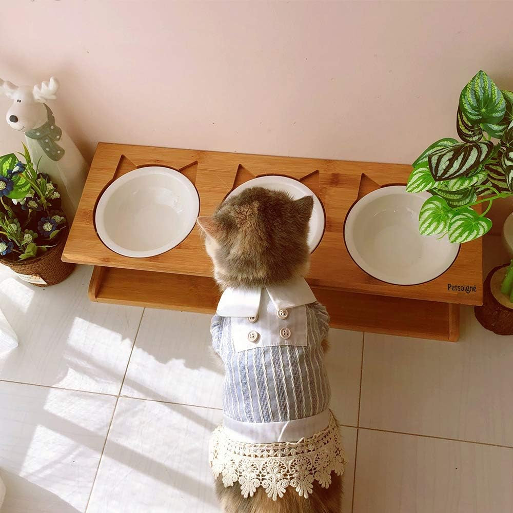 Elevated Pet Dining Table with Raised Wooden Stand and Ceramic Bowls for Cats and Dogs (3 Bowls)