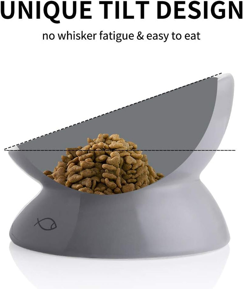 Elevated Ceramic Cat Bowls - Slanted Design for Food and Water, Porcelain Pet Feeder with Backflow Prevention, Grey