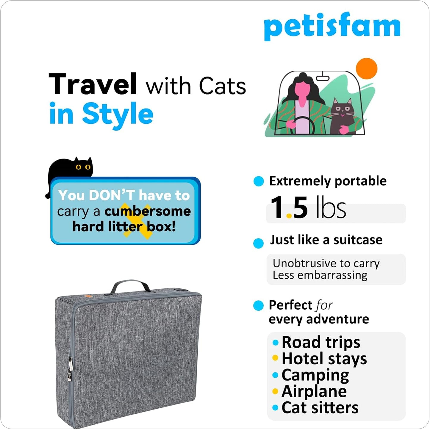 Portable Cat Travel Litter Box with Zipped Lid for Odor Control and Leak Prevention - Convenient for Car, Hotel, and Airplane Use (Large, Grey)