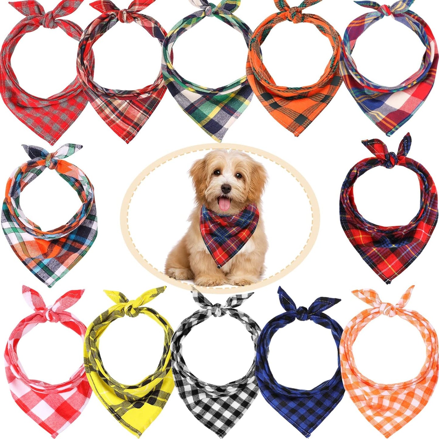 12-Piece Adjustable Plaid Dog Bandana Set - Triangle Bibs for Small to Medium Pets (Buffalo Plaid Design)