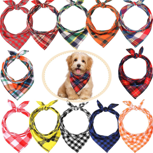 12-Piece Adjustable Plaid Dog Bandana Set - Triangle Bibs for Small to Medium Pets (Buffalo Plaid Design)