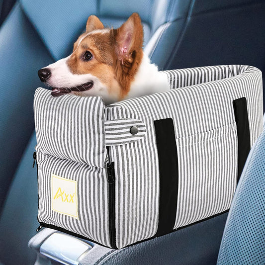 Pet Car Seat for Small to Medium Dogs and Cats - Booster Bed with Storage Pocket, Safety Leash, and Removable Washable Cover (Stripe)