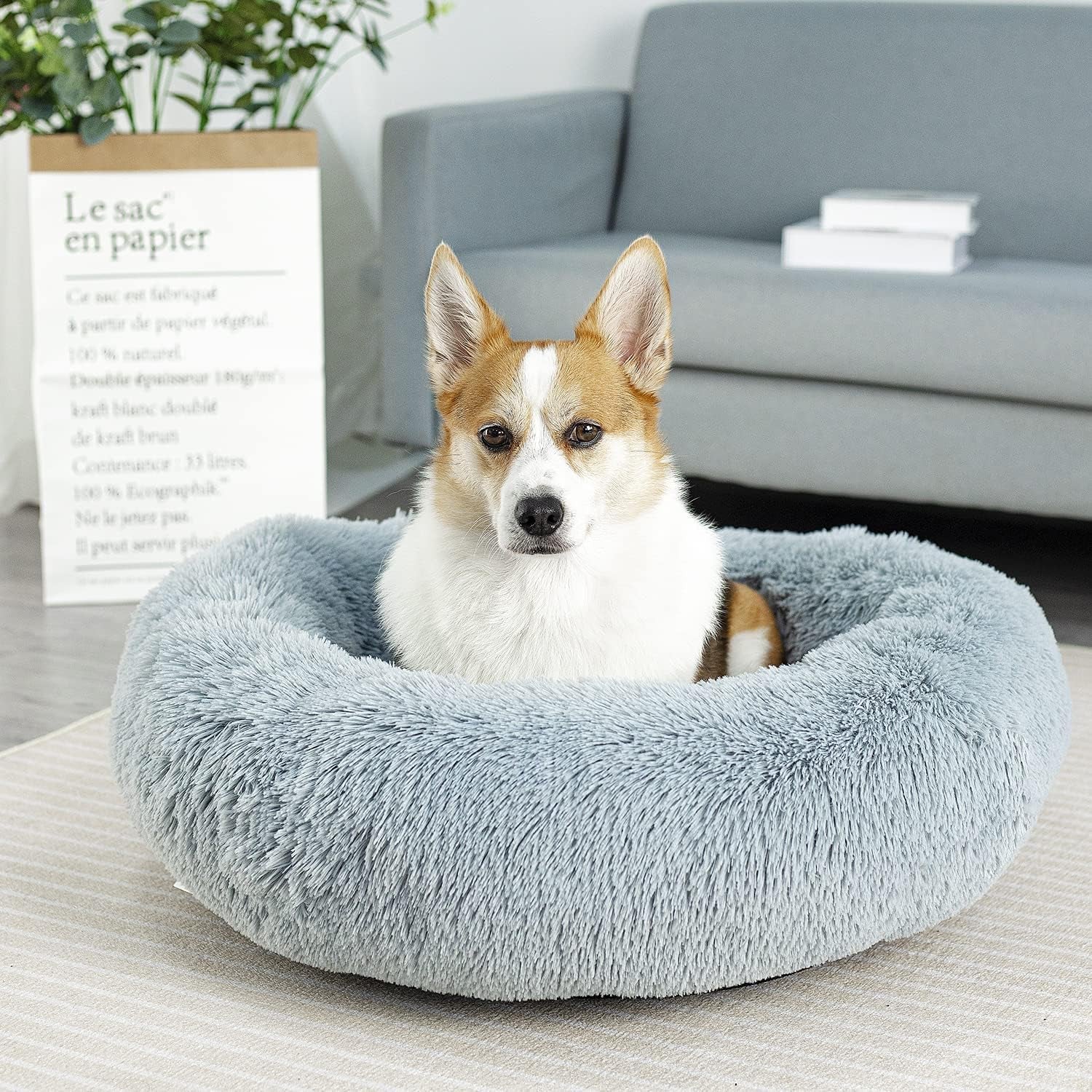 Anti-Anxiety Round Fluffy Plush Faux Fur Washable Pet Bed for Dogs and Cats, Ideal for Joint Relief and Improved Sleep (20", Light Grey)