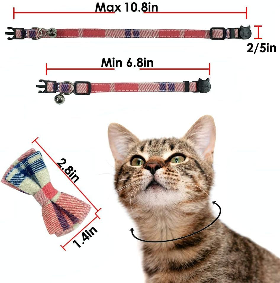 Adjustable Breakaway Cat Collar with Bell and Bow Tie, Pink Plaid Design for Kittens (6.8-10.8 inches)