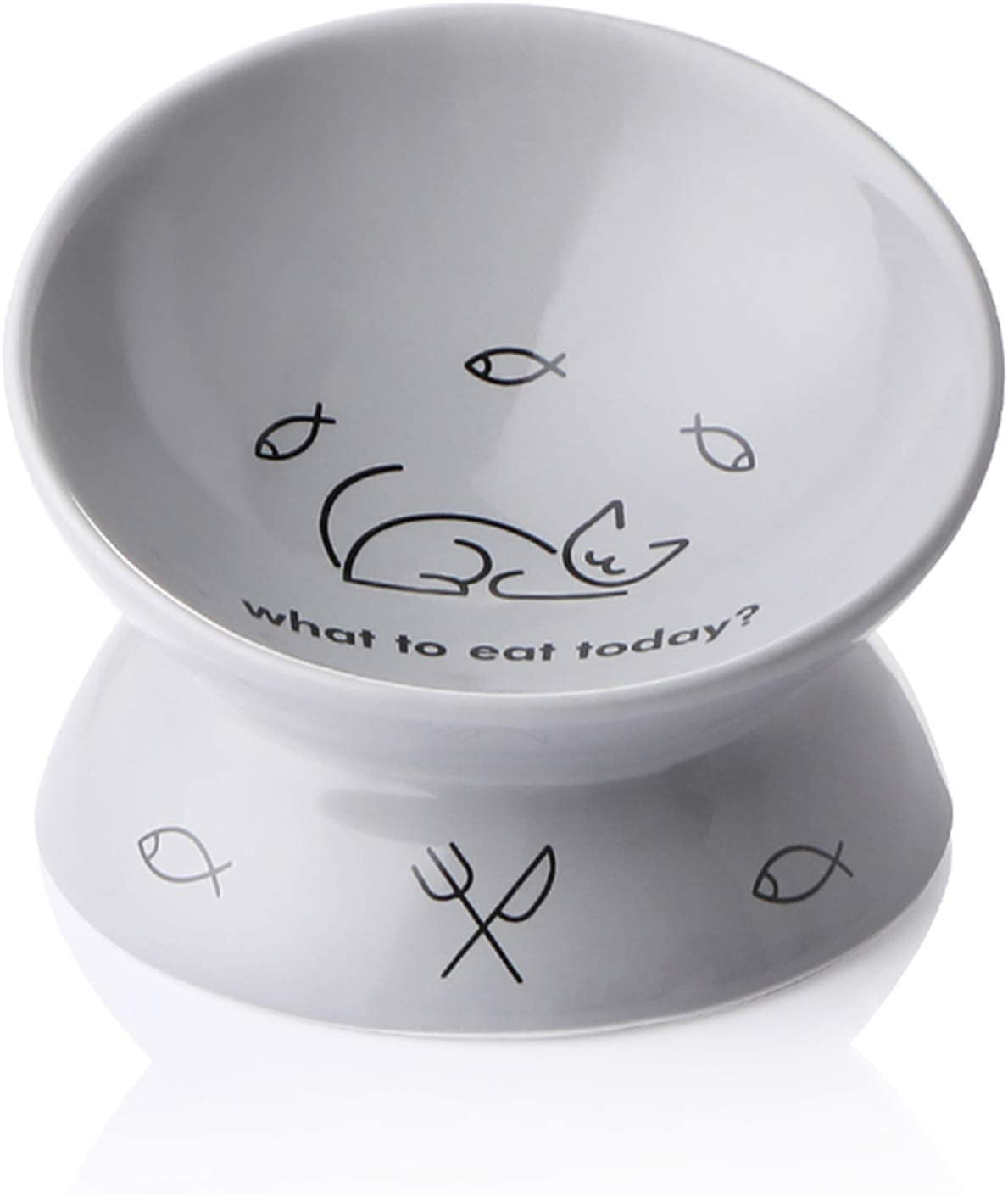 Elevated Ceramic Cat Bowls - Slanted Design for Food and Water, Porcelain Pet Feeder with Backflow Prevention, Grey