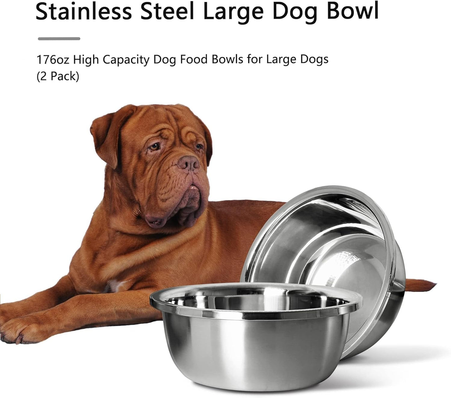 Premium Stainless Steel Dog Bowl Set for Large Breeds - 176 Oz (24 Cup) High Capacity Heavy-Duty, BPA-Free Food and Water Bowls (Set of 2)