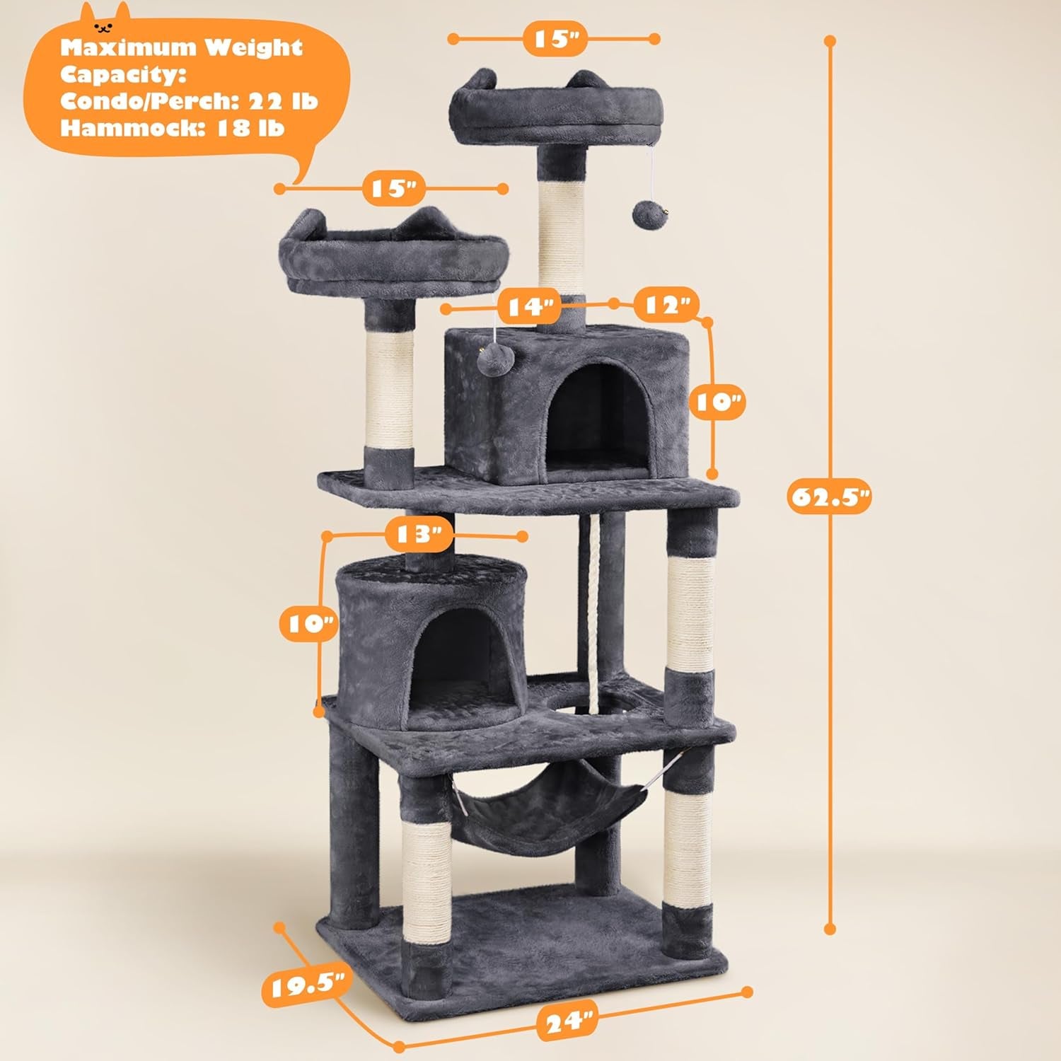 62.5-Inch Cat Tree Tower with Platform, Hammock, and Scratching Posts - Plush Perch Indoor Activity and Relaxation for Kittens, Dark Gray