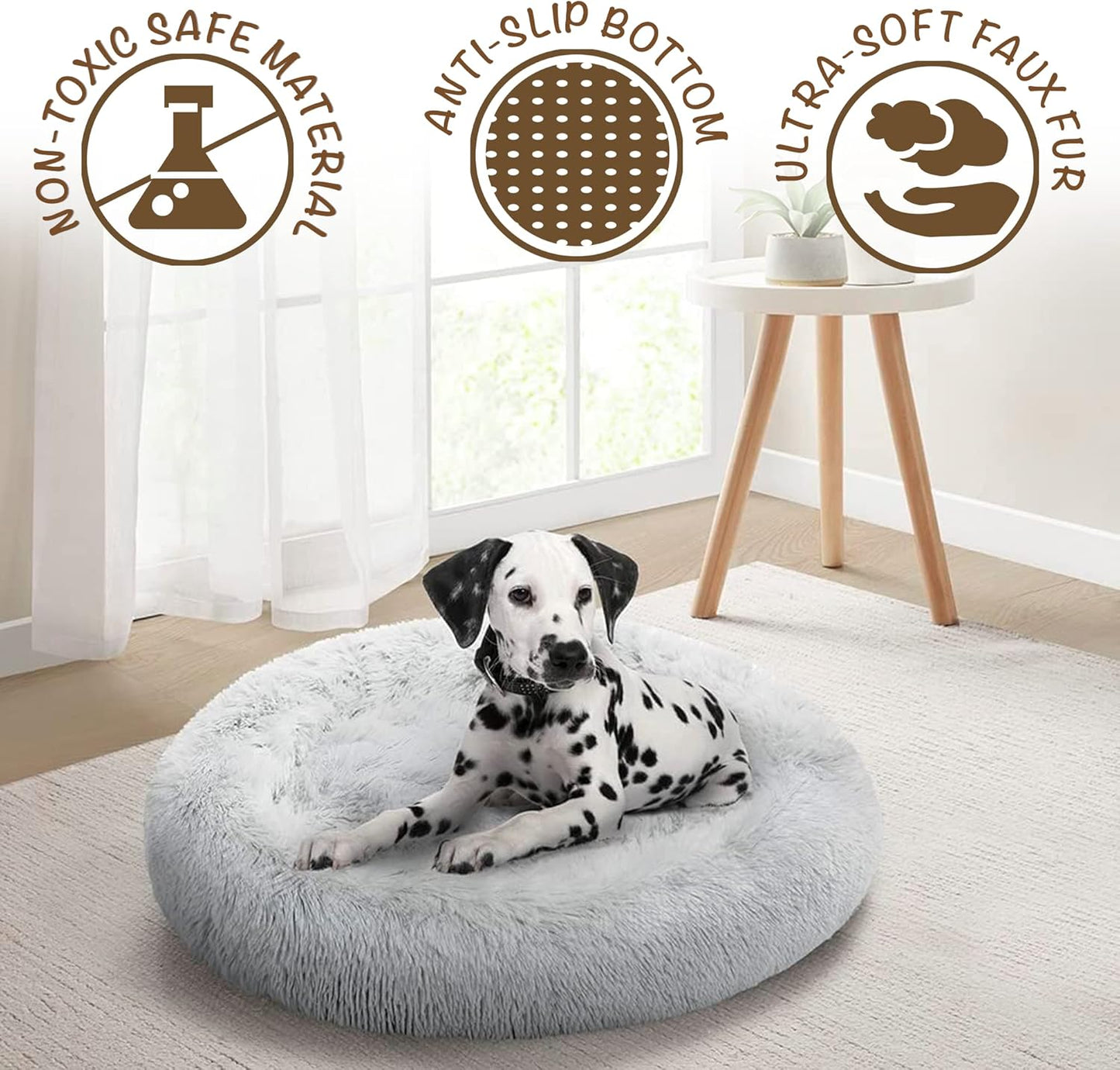 Large Dog Faux Fur Calming Sofa Bed - Soft & Plush Anti-Anxiety Pet Couch, Machine Washable with Non-Slip Bottom, 36"x36"x8", Ivory