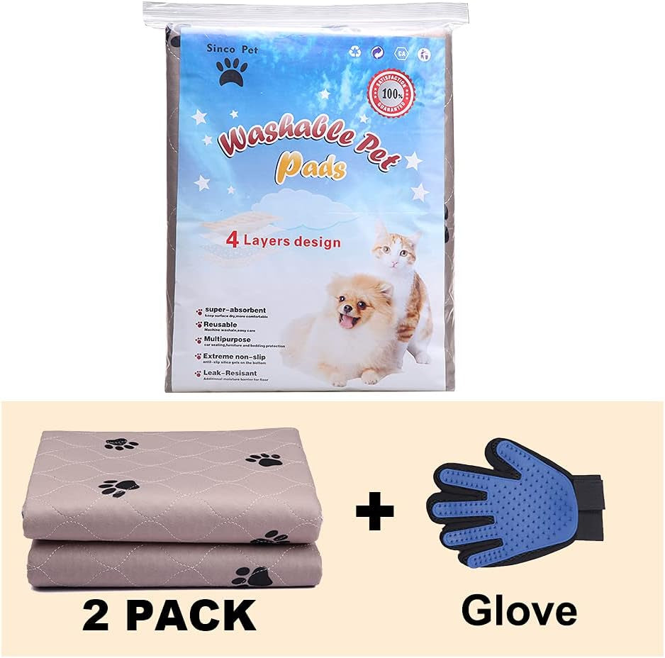 Reusable Washable Dog Pee Pads with Puppy Grooming Gloves, Large Waterproof Pet Training Pads, Super Absorbent Whelping Pads, 41x41 Inch (Pack of 2)