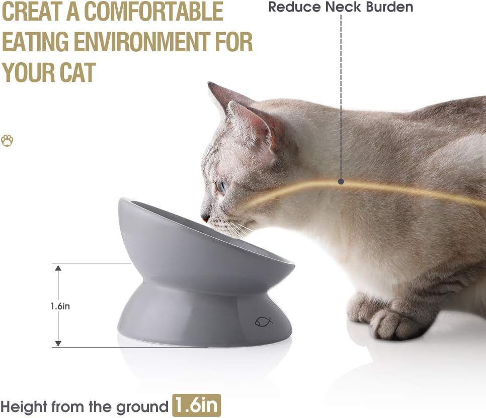 Elevated Ceramic Cat Bowls - Slanted Design for Food and Water, Porcelain Pet Feeder with Backflow Prevention, Grey