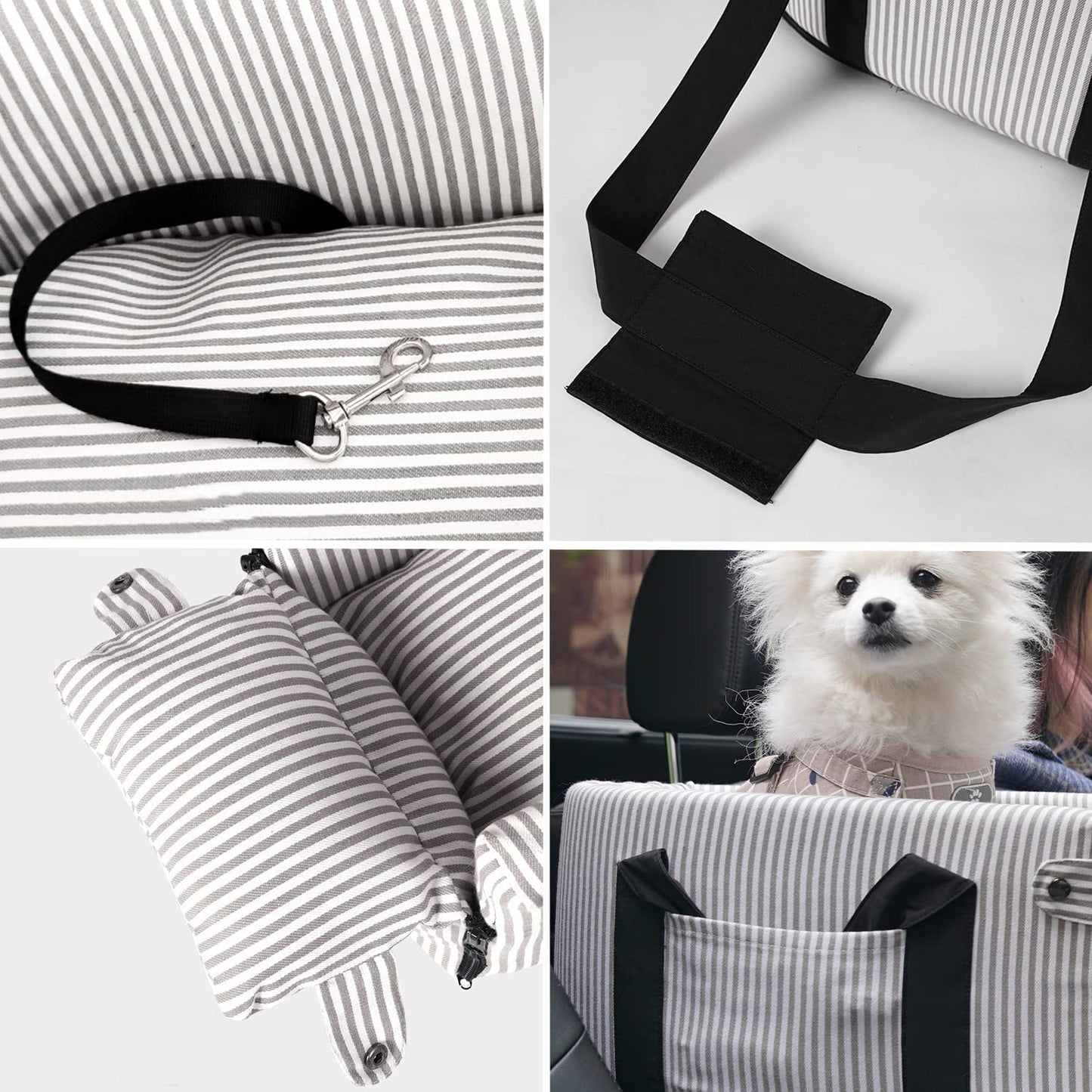 Pet Car Seat for Small to Medium Dogs and Cats - Booster Bed with Storage Pocket, Safety Leash, and Removable Washable Cover (Stripe)