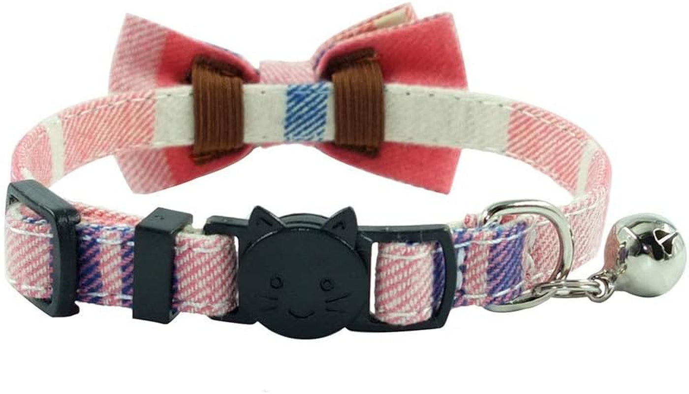Adjustable Breakaway Cat Collar with Bell and Bow Tie, Pink Plaid Design for Kittens (6.8-10.8 inches)
