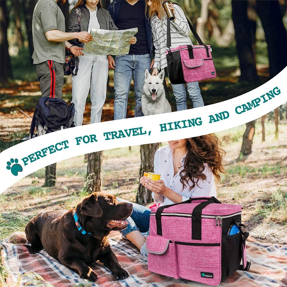 Medium Dog Travel Bag - Organized Travel Pet Bag with Food Container and Bowls, Ideal for Weekend Camping and Diaper Needs (Pink)