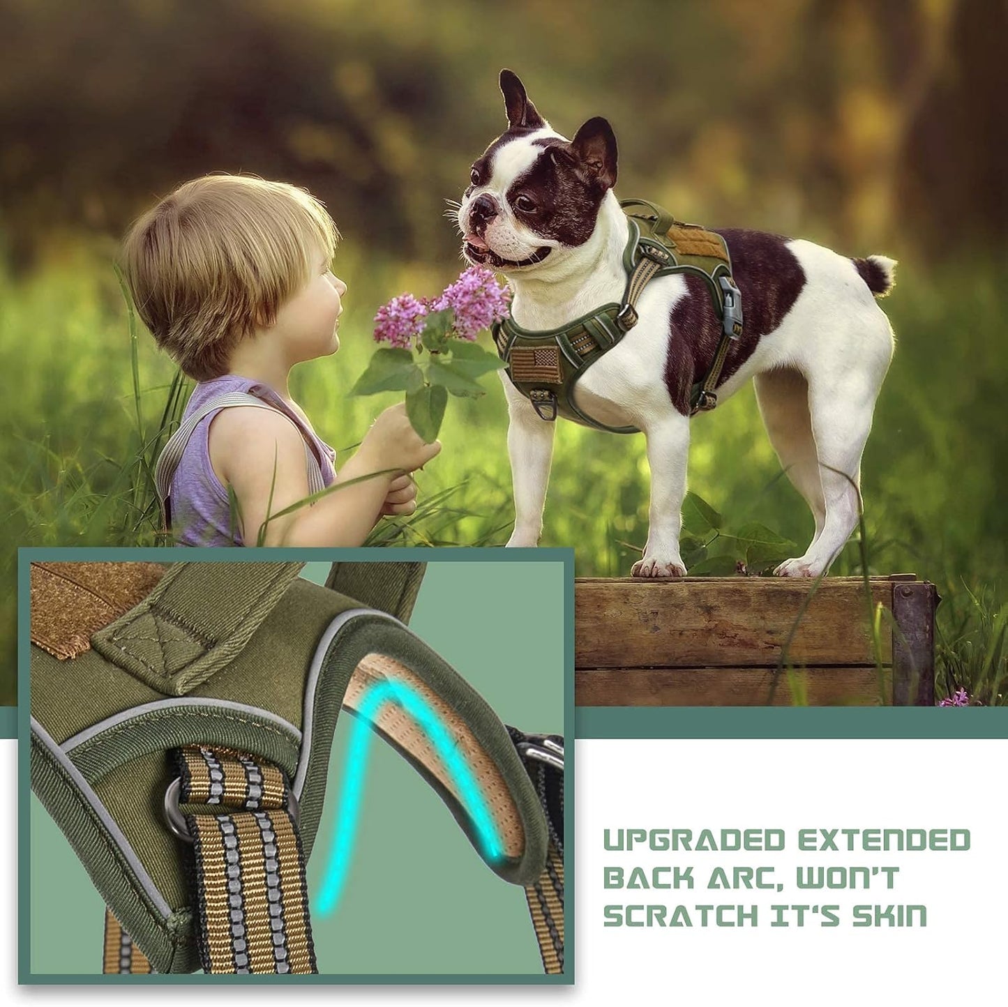 Tactical No-Pull Dog Harness for Medium Dogs - Adjustable Reflective Vest with Handle for Training and Walking - Green M