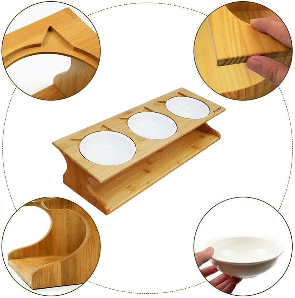 Elevated Pet Dining Table with Raised Wooden Stand and Ceramic Bowls for Cats and Dogs (3 Bowls)