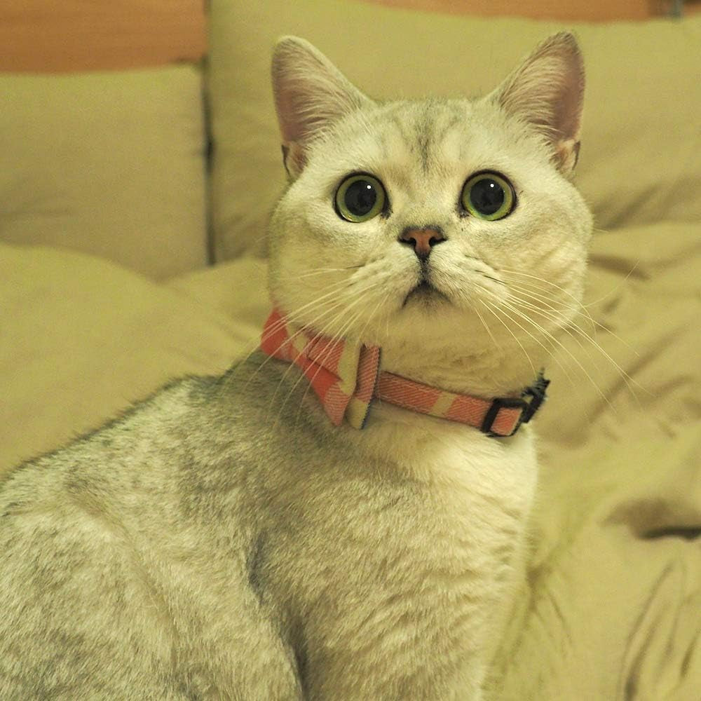 Adjustable Breakaway Cat Collar with Bell and Bow Tie, Pink Plaid Design for Kittens (6.8-10.8 inches)