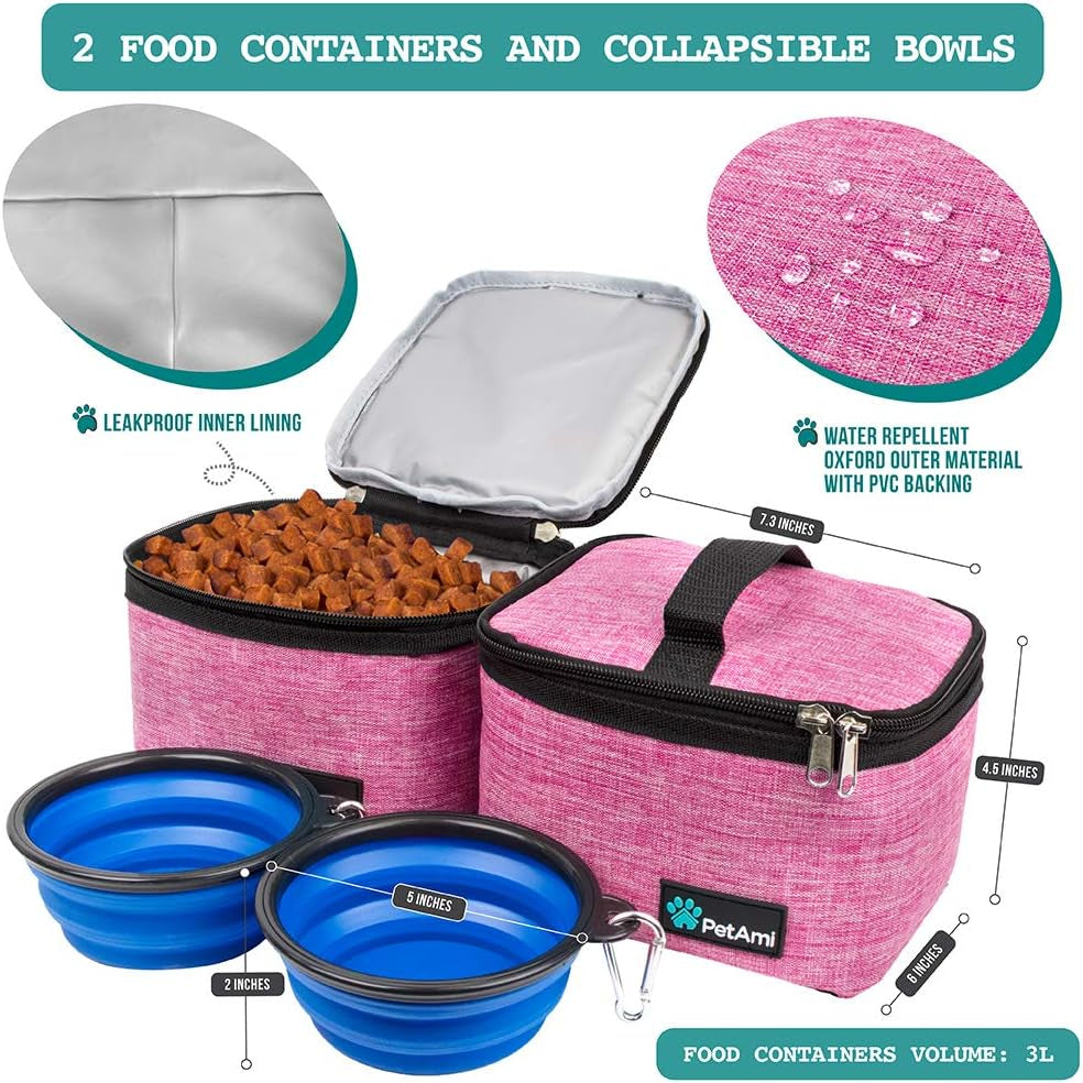 Medium Dog Travel Bag - Organized Travel Pet Bag with Food Container and Bowls, Ideal for Weekend Camping and Diaper Needs (Pink)