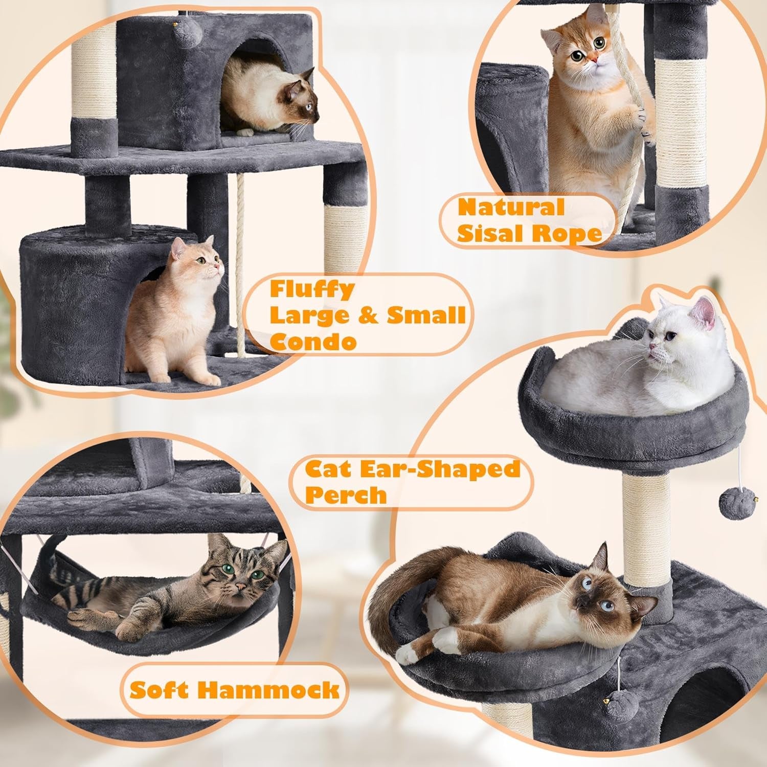 62.5-Inch Cat Tree Tower with Platform, Hammock, and Scratching Posts - Plush Perch Indoor Activity and Relaxation for Kittens, Dark Gray