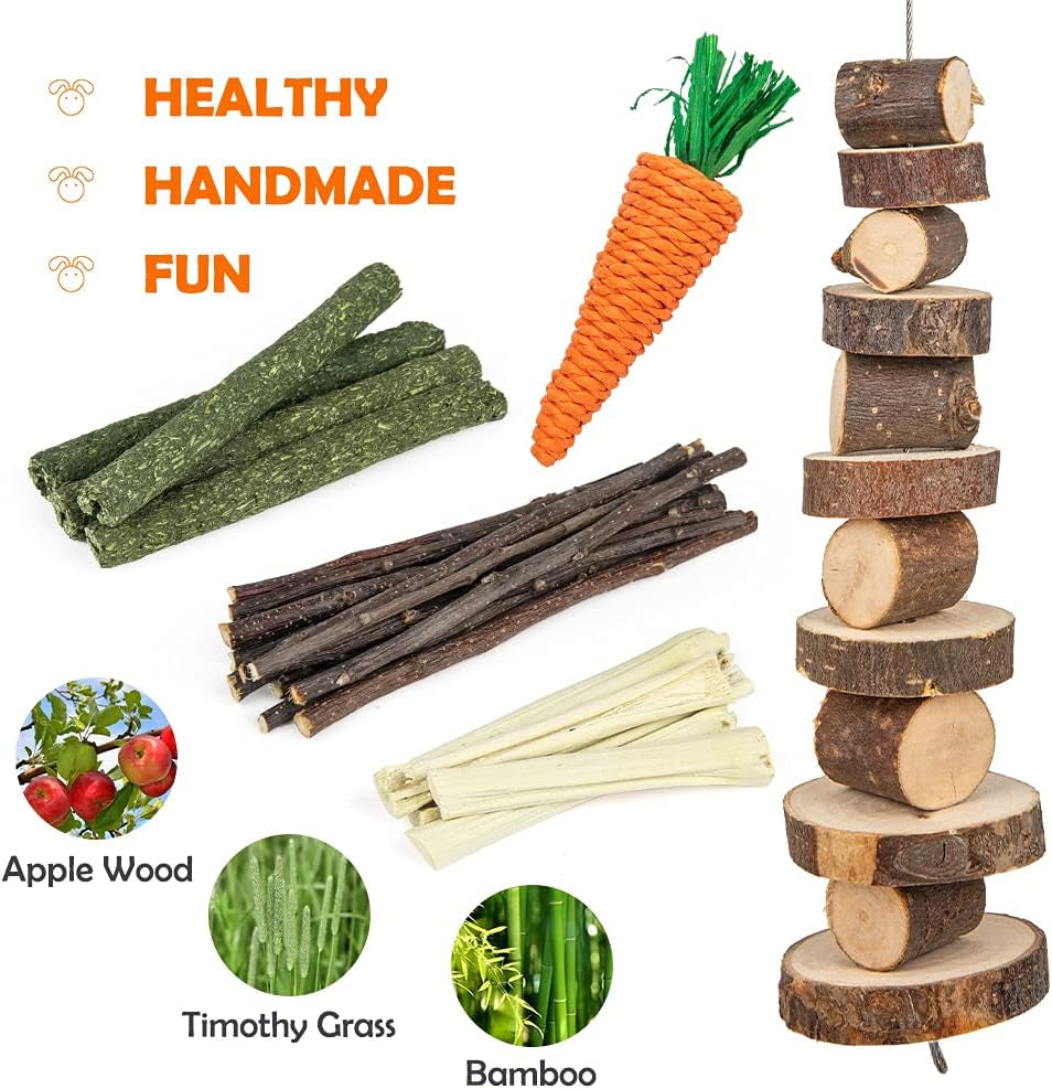 Natural Timothy Hay Chew Toys for Rabbits, Guinea Pigs, Hamsters, Chinchillas, and Rats - Handmade Apple Wood Sticks for Dental Health and Treats