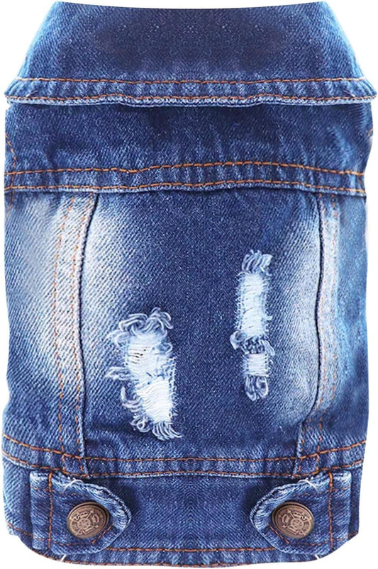 Denim Jean Jacket for Small Dogs and Cats - Stylish Pet Vest for French Bulldogs and Other Breeds (Blue, XS - Suggested Weight 2-4 lbs)