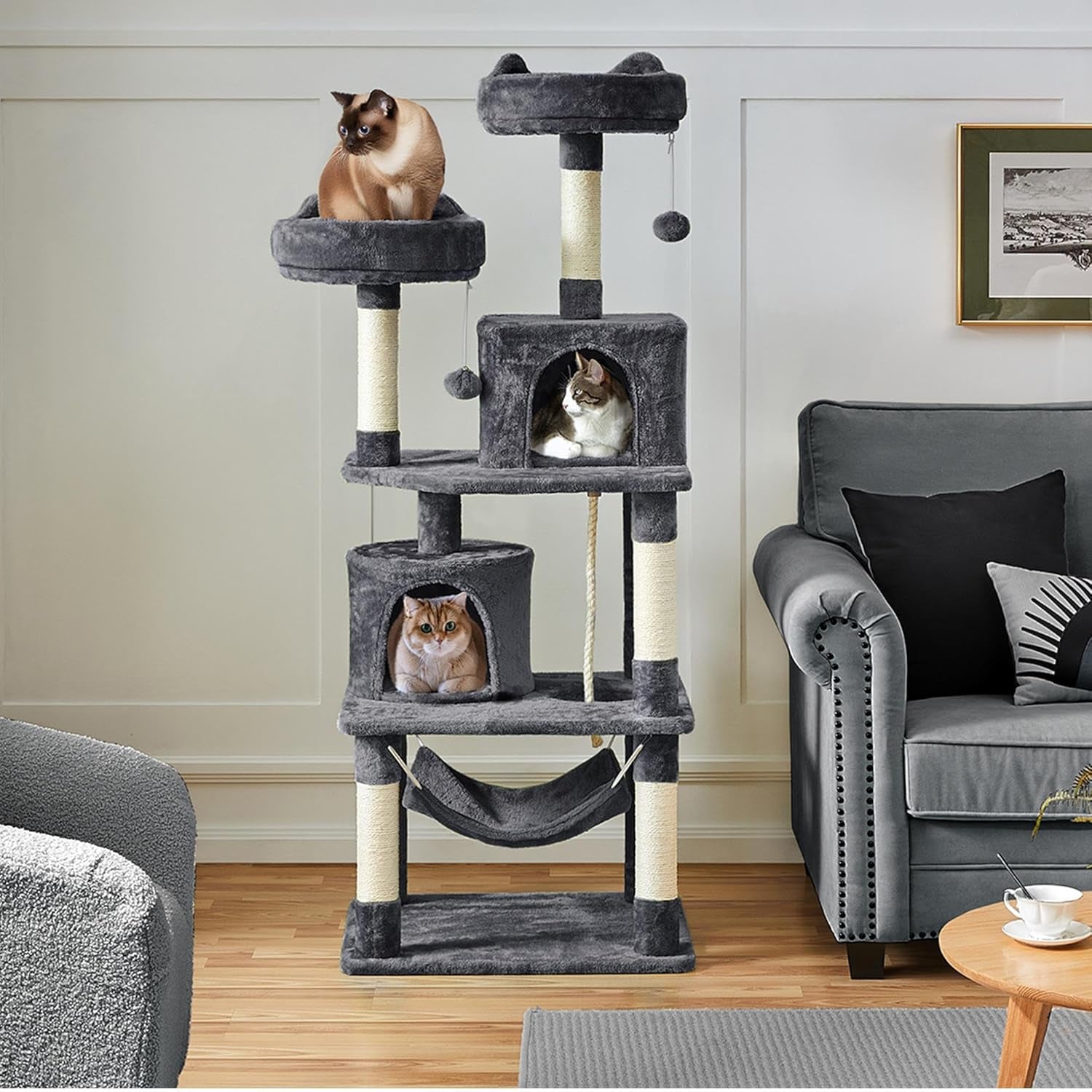 62.5-Inch Cat Tree Tower with Platform, Hammock, and Scratching Posts - Plush Perch Indoor Activity and Relaxation for Kittens, Dark Gray