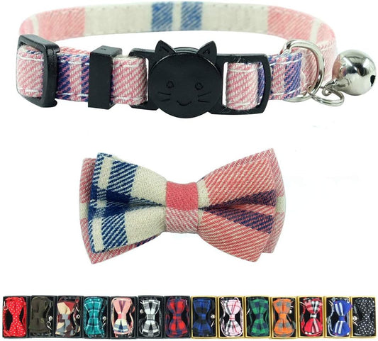 Adjustable Breakaway Cat Collar with Bell and Bow Tie, Pink Plaid Design for Kittens (6.8-10.8 inches)