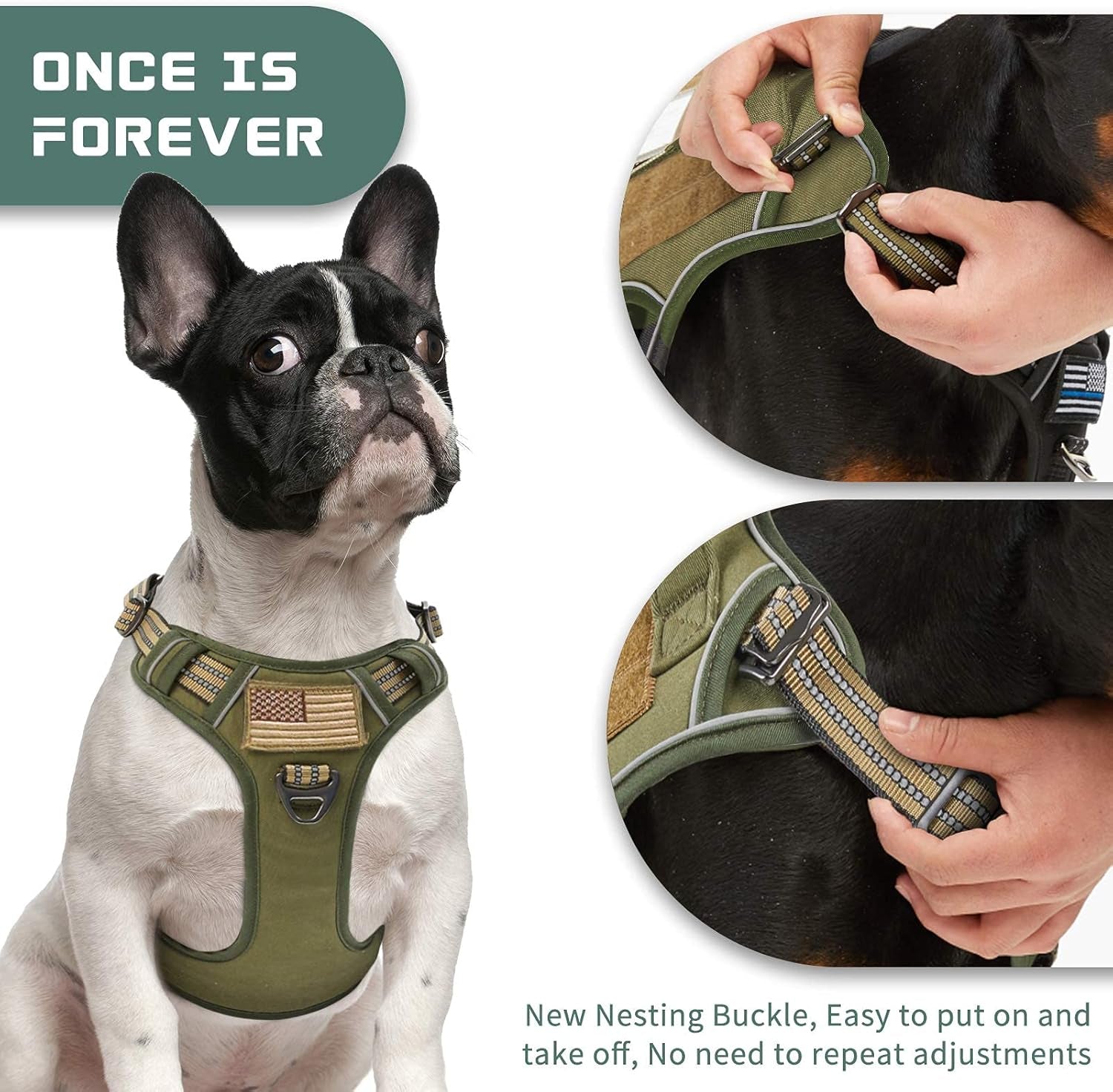Tactical No-Pull Dog Harness for Medium Dogs - Adjustable Reflective Vest with Handle for Training and Walking - Green M