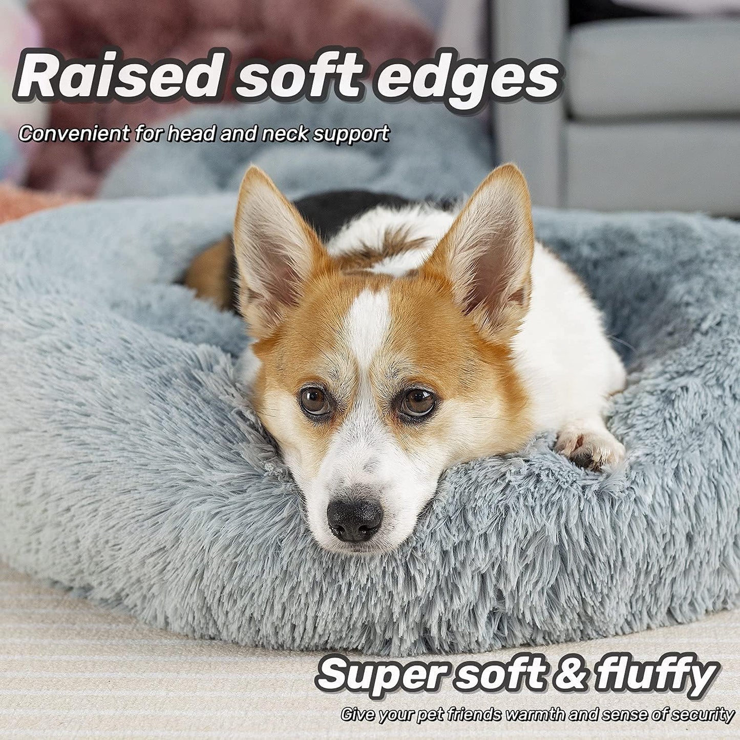 Anti-Anxiety Round Fluffy Plush Faux Fur Washable Pet Bed for Dogs and Cats, Ideal for Joint Relief and Improved Sleep (20", Light Grey)