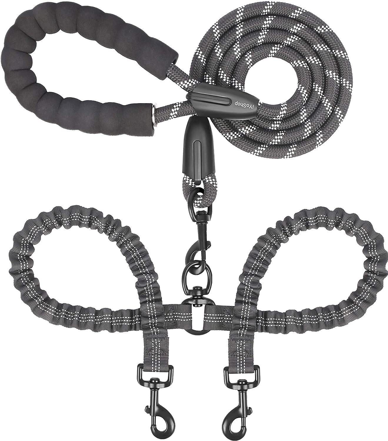 Dual Dog Leash with 360° Swivel and Shock Absorbing Bungee for Tangle-Free Walking of Two Dogs (Large, 25-150 lbs, Black)