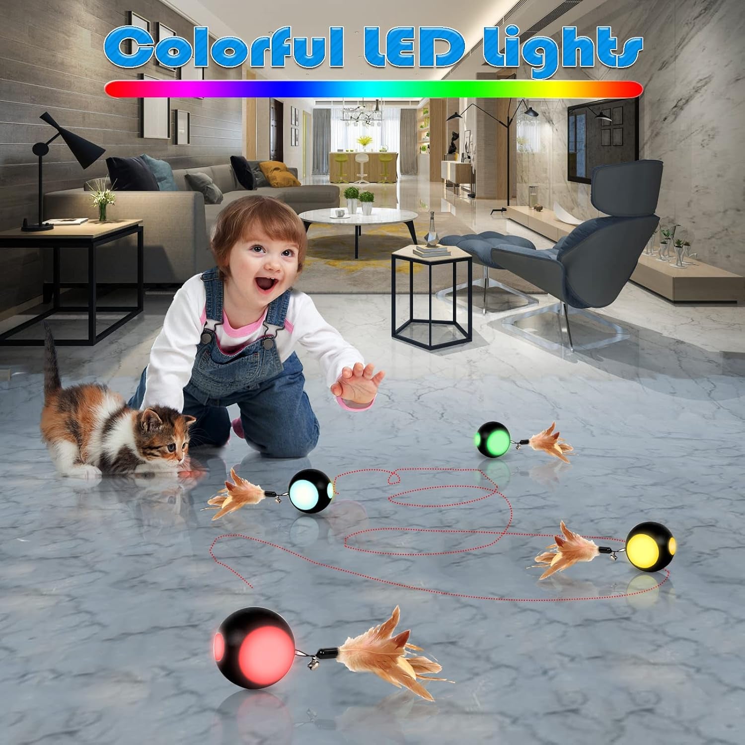 Automatic Interactive Cat Toy Ball - Rechargeable Feather Ball with Bell & LED Lights for Indoor Cats and Kittens (Black)