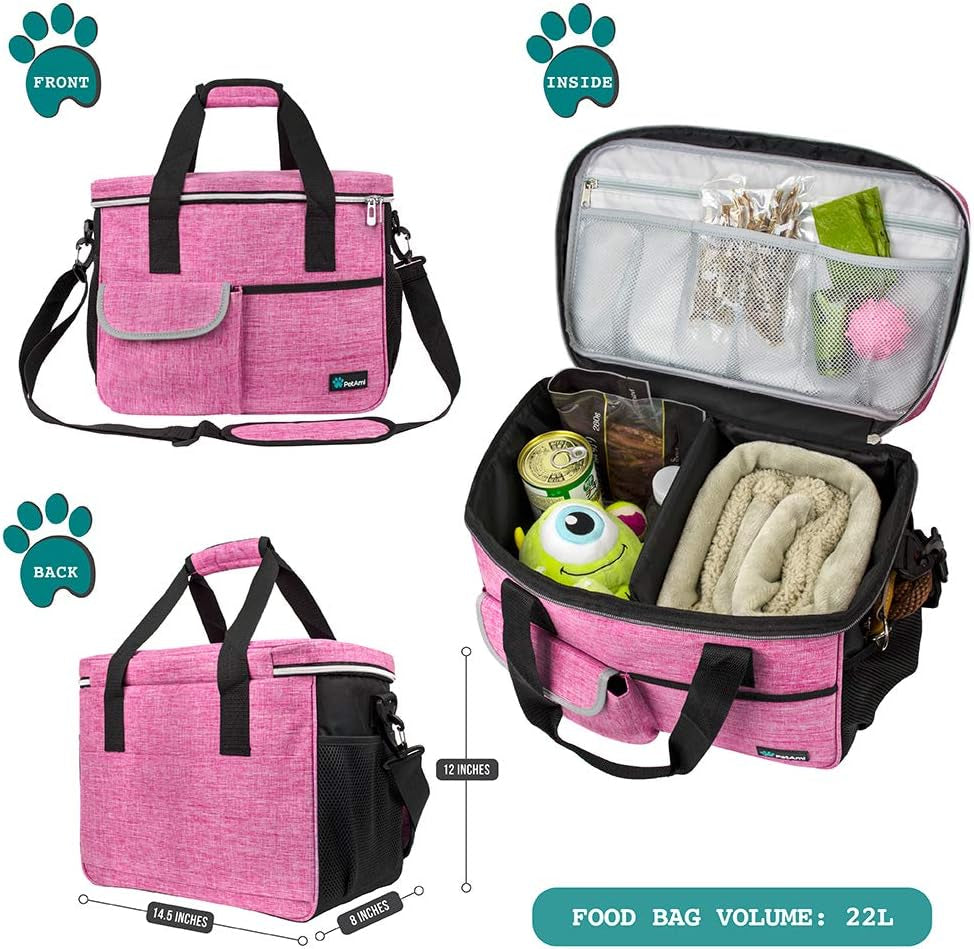 Medium Dog Travel Bag - Organized Travel Pet Bag with Food Container and Bowls, Ideal for Weekend Camping and Diaper Needs (Pink)