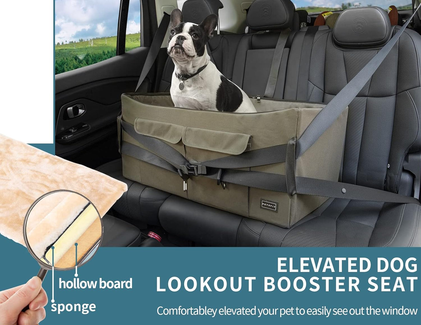 Large Dog Booster Seat for Two Small Dogs or One Medium Dog up to 45 lbs, Featuring Two Spacious Pockets for Cars, Trucks, and SUVs (Dark Brown)