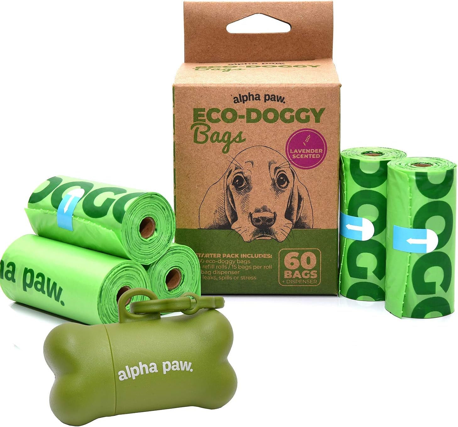 Eco-Friendly Dog Waste Bags with Portable Dispenser - 60 Biodegradable and Odor-Blocking Lavender-Scented Poop Bags - Compostable Puppy Accessories