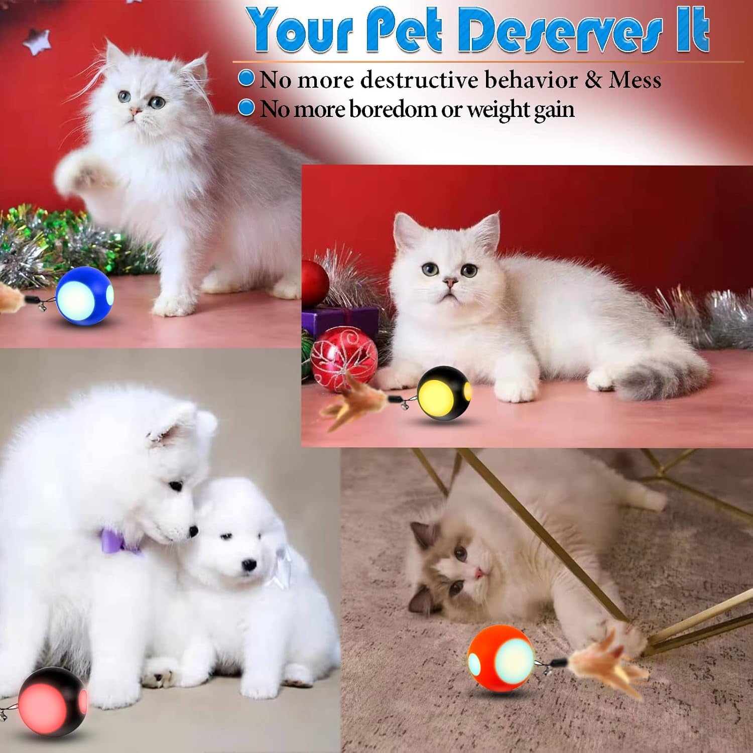 Automatic Interactive Cat Toy Ball - Rechargeable Feather Ball with Bell & LED Lights for Indoor Cats and Kittens (Black)