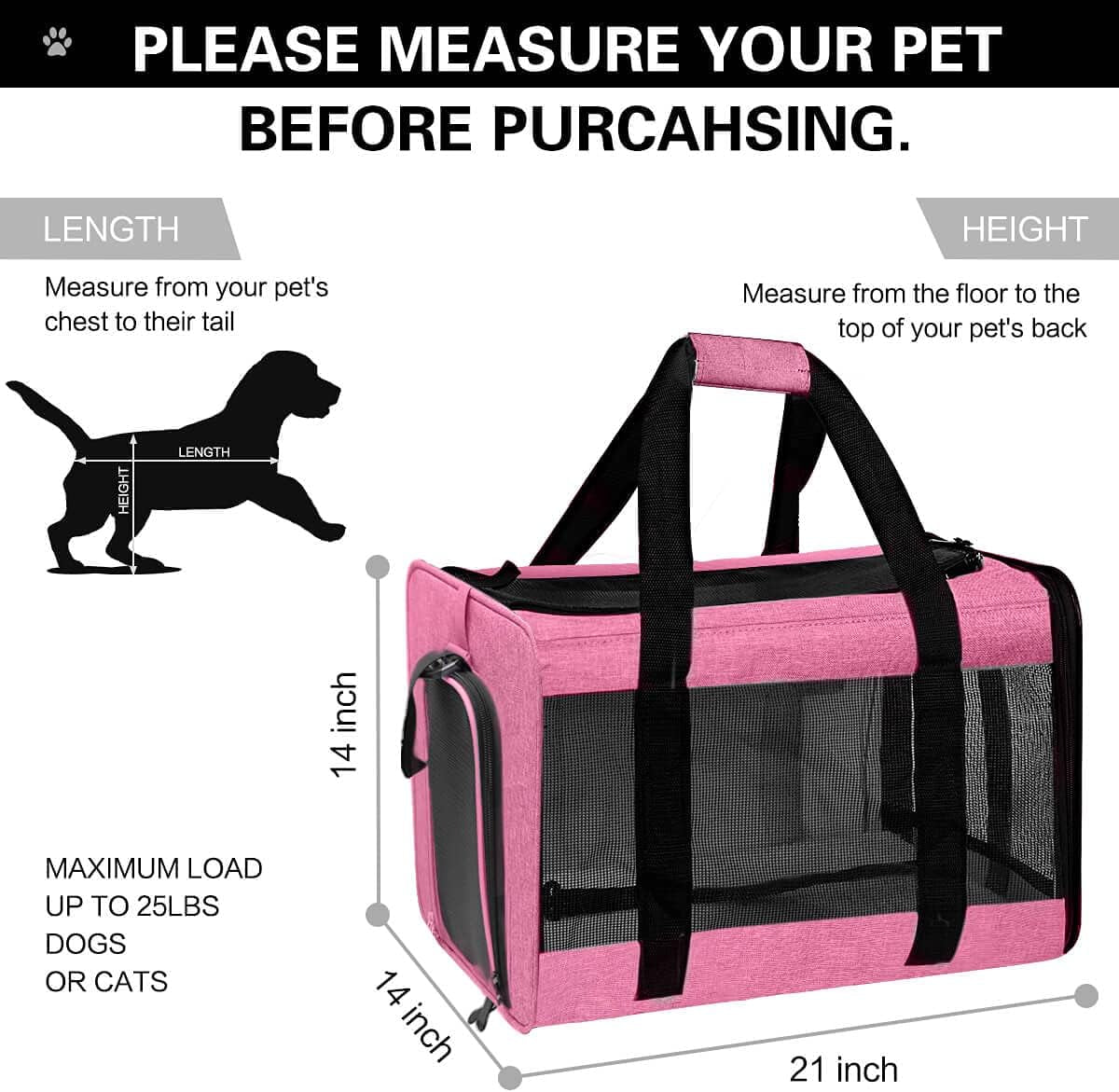 Large Soft-Sided Pet Carrier for Dogs and Cats up to 25 lbs - Collapsible Travel Carrier in Rose