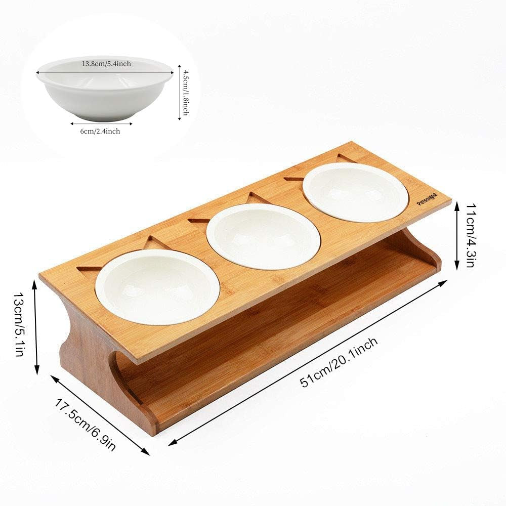 Elevated Pet Dining Table with Raised Wooden Stand and Ceramic Bowls for Cats and Dogs (3 Bowls)