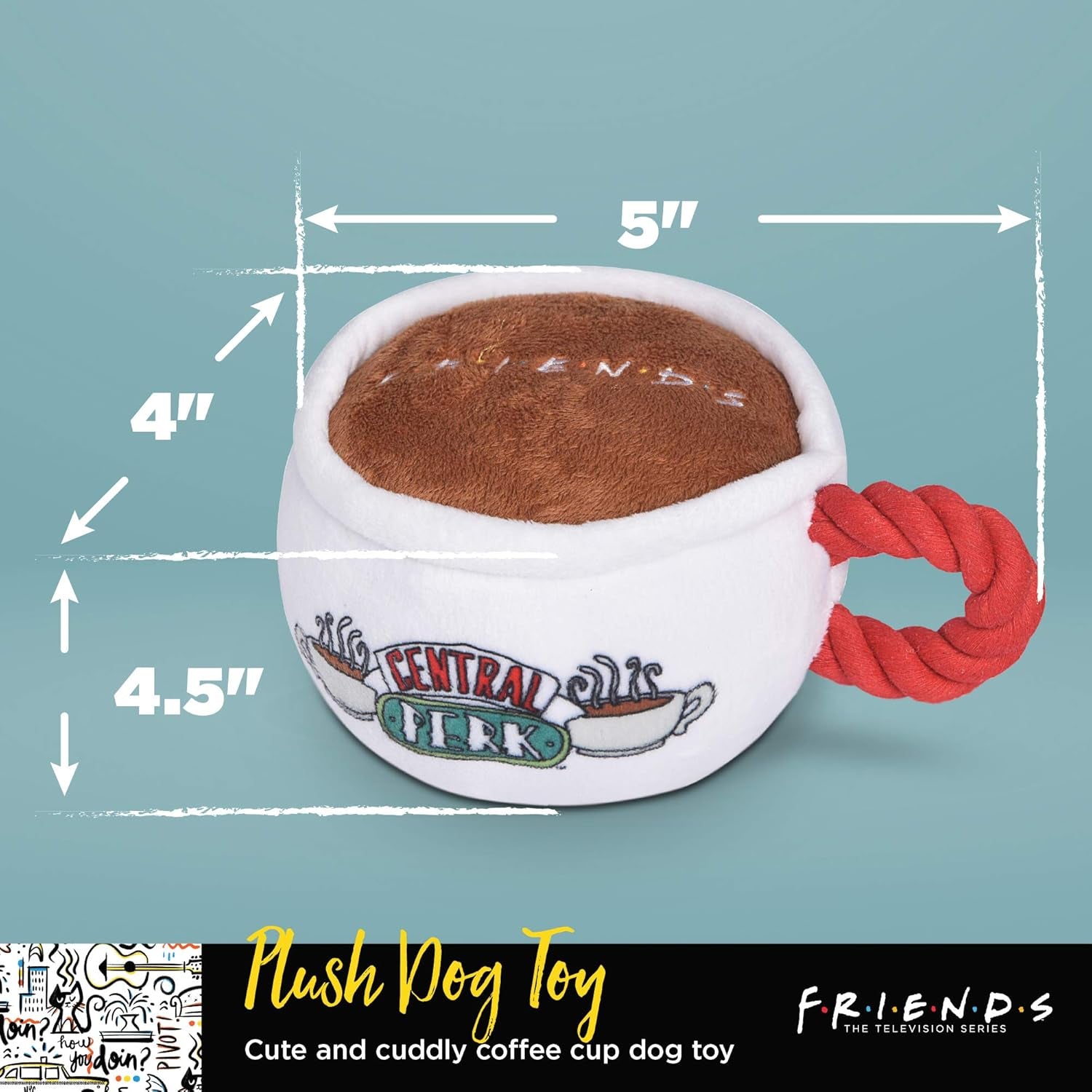 Central Perk Coffee Mug Plush Dog Toy with Rope Handle | Soft Squeaky Toy for Dogs | Stuffed Dog Toy with Squeaker for Enhanced Playtime, Friends Memorabilia