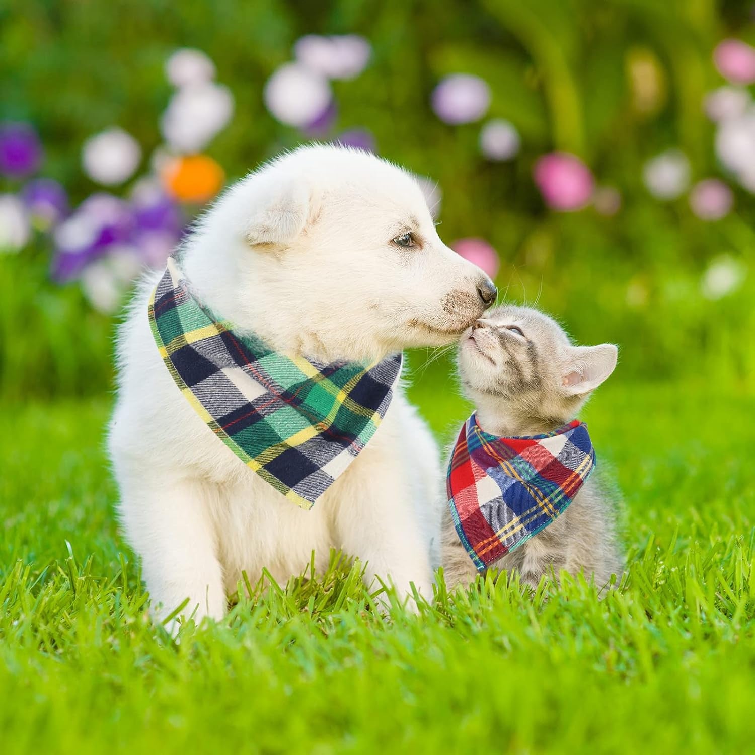 12-Piece Adjustable Plaid Dog Bandana Set - Triangle Bibs for Small to Medium Pets (Buffalo Plaid Design)