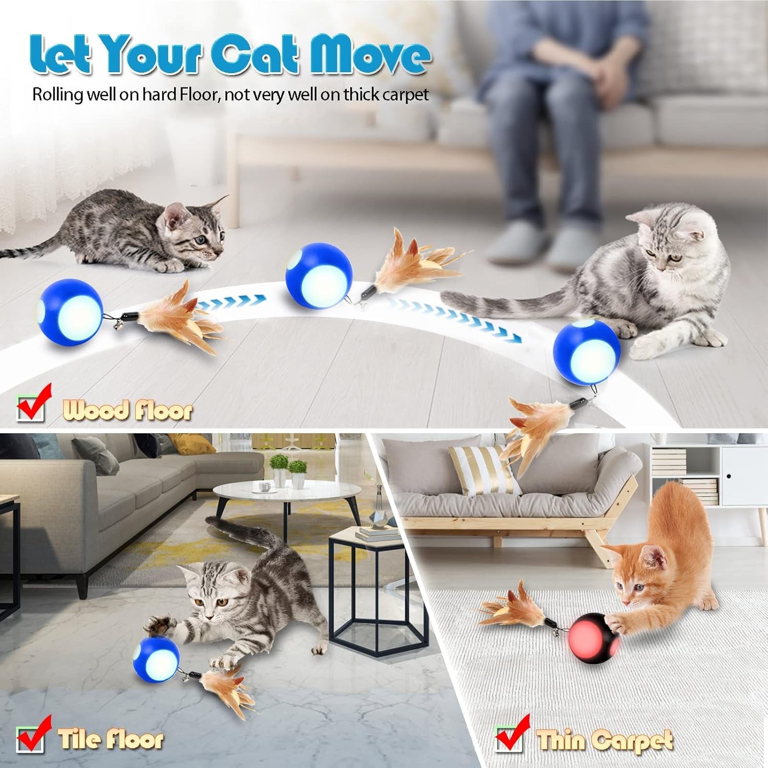 Automatic Interactive Cat Toy Ball - Rechargeable Feather Ball with Bell & LED Lights for Indoor Cats and Kittens (Black)