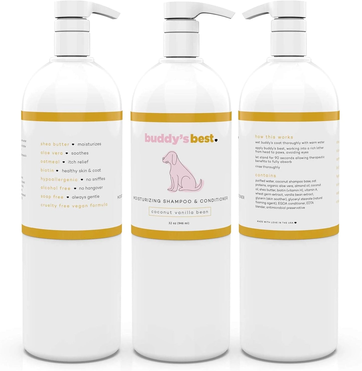 Oatmeal Dog Shampoo and Conditioner for Sensitive Skin - Moisturizing Puppy Wash with Coconut Vanilla Bean Scent, 32 Oz