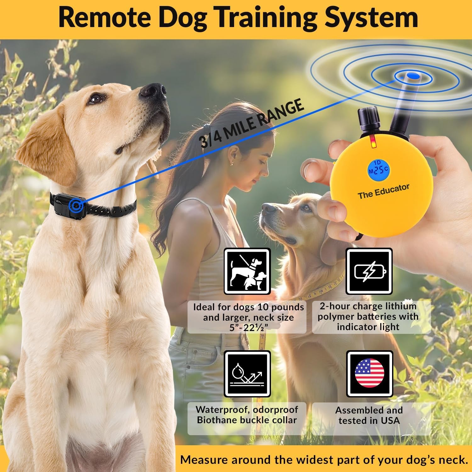 E-Collar Humane Dog Training System with Remote Control, 100 Safe Stimulation Levels, Night Light, Waterproof, Rechargeable, 3/4 Mile Range for Small to Medium Dogs, Yellow