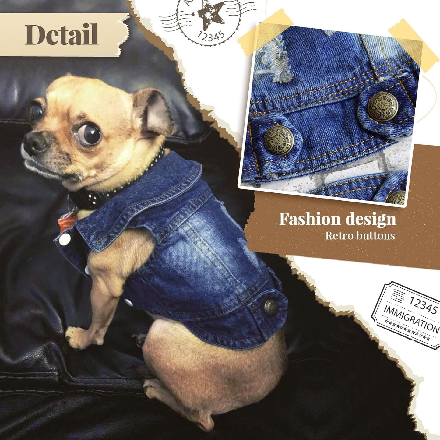 Denim Jean Jacket for Small Dogs and Cats - Stylish Pet Vest for French Bulldogs and Other Breeds (Blue, XS - Suggested Weight 2-4 lbs)