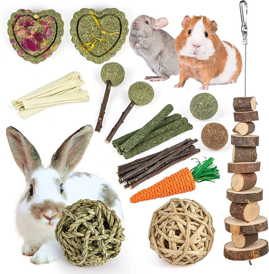 Natural Timothy Hay Chew Toys for Rabbits, Guinea Pigs, Hamsters, Chinchillas, and Rats - Handmade Apple Wood Sticks for Dental Health and Treats