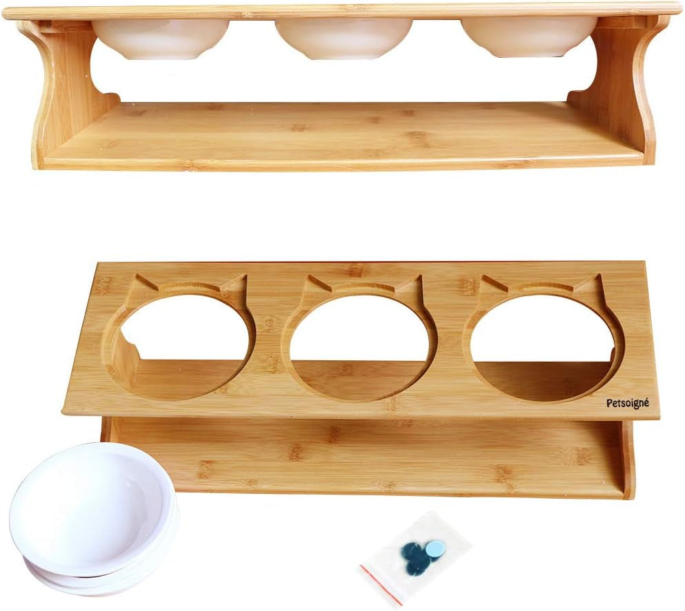 Elevated Pet Dining Table with Raised Wooden Stand and Ceramic Bowls for Cats and Dogs (3 Bowls)